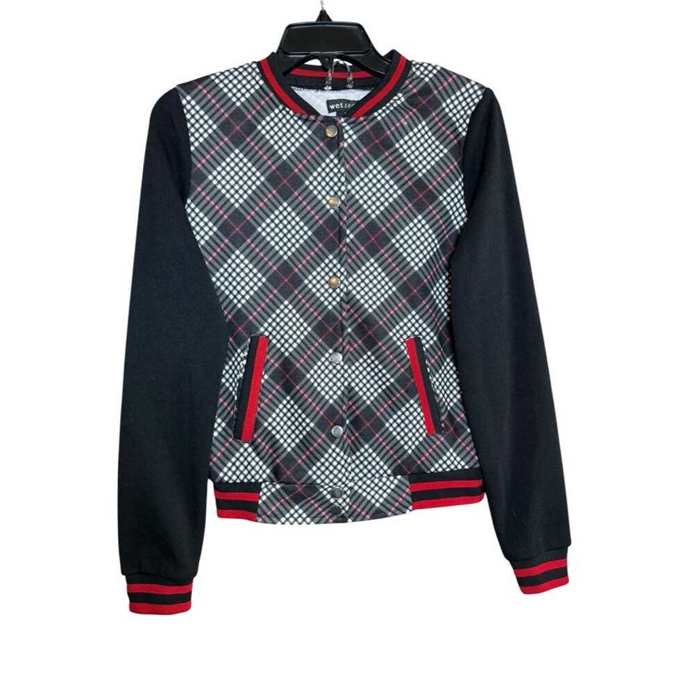 Y2K Vibes Wet Seal Red/Black/White Plaid Cotton Blend Varsity Bomber Jacket- S